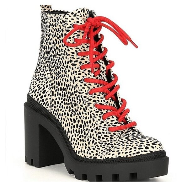 Gianni Binni Tan Red Ryedderr Cheetah Heeled Lug Sole Combat Boots Leather 6M - Picture 1 of 14
